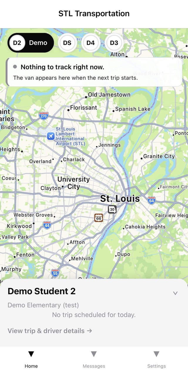 The STL Transportation app: a live map of St. Louis with the child switcher at the top and the trip card at the bottom