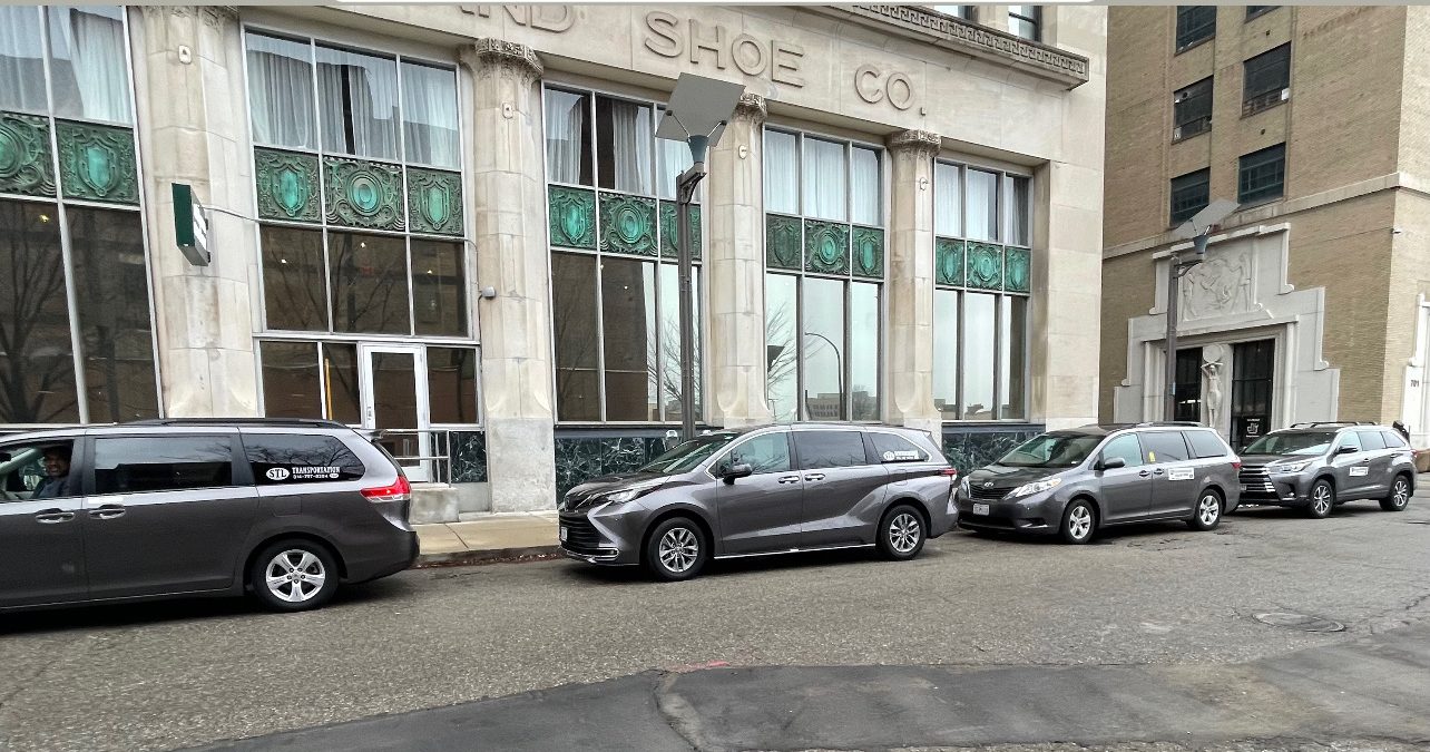 STL Transportation fleet lined up downtown during the bus crisis
